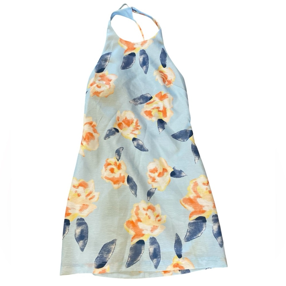Ina Light Blue Floral Halter Mini Dress with Orange and Navy Accents